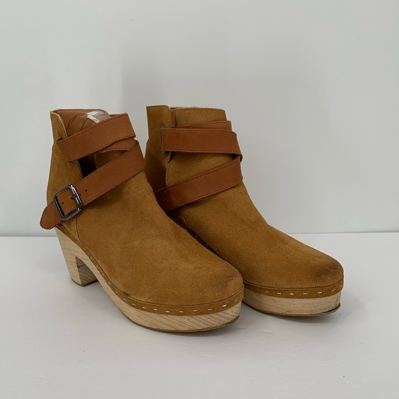 Free People Bungalow Wood clog ankle boots brown suede leather strap cross 40 10 - Picture 2 of 7